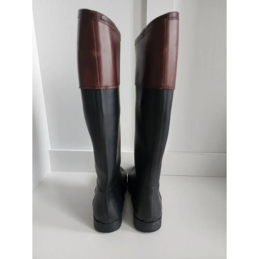 Tory Burch Diana Tall Rubber Rain Boots Womens Size‎ 6 Logo Black Brown Logo